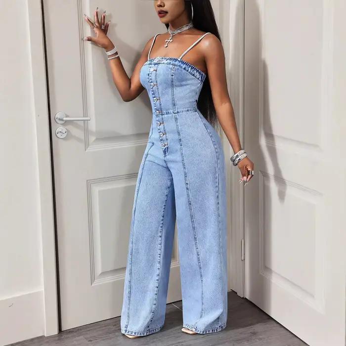 Combinaisons en jean pour femmes vintage sans dos sans manches délavées style streetwear pantalons en jean à bretelles printemps été 2026