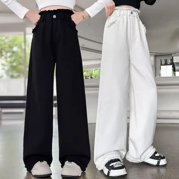 Offre spéciale enfant noir blanc jean pour filles nouveau casual jambe droite Denim pantalon adolescent enfants couleur
