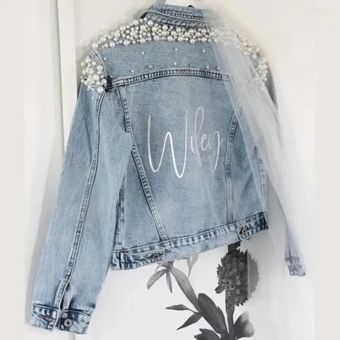 Bachelorette Wifey Jean vestes poule fête cadeau personnalisé mariée Denim veste perle mme vêtements d'extérieur manteaux personnalisés jour de mariage