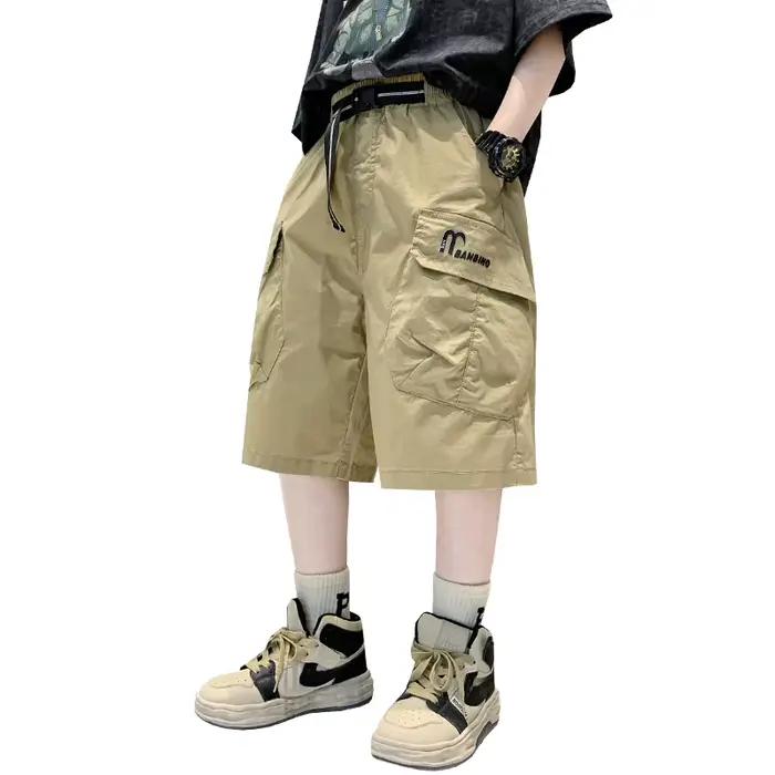 Cool garçons Shorts avec poches mode été nouveautés enfants noir kaki Sport genou longueur Cargo pantalon adolescent