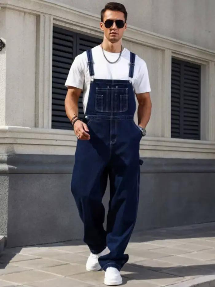Salopette en denim bleu foncé ample pour homme sans manches ajustement lâche coupe décontractée pour quatre saisons ocassions diverses confort maximal