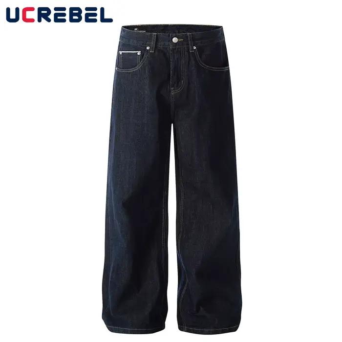 Poche pantalon en jean brut hommes couleur unie rétro haute rue droite jambe large