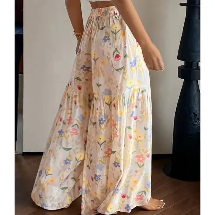 Pantalon large floral 2026 pour femme, taille haute, ample, en mousseline, style Y2K, fluide, bohème, coupe droite, streetwear