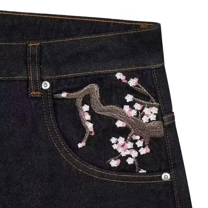 Jean Baggy BiggOrange Brodé Fleurs Cerisier Pantalon Vintage Taille Basse Jambes Larges Vêtements Y2K Hommes Femmes Occasions Décontractées