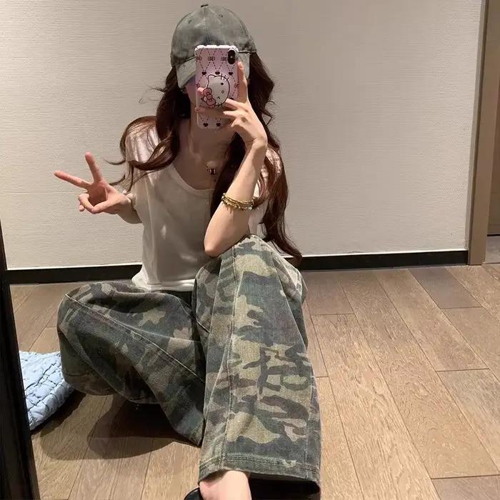 Jean Vert Militaire Femme Taille Haute Vintage Coupe Droite Ample Hip Hop Mode Américaine Jambe Large Denim Y2K