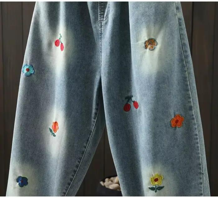 Jean Harem en Denim Style Fille Mori Broderie Florale Cartoon Coupe Droite Décontractée Occasions Printemps Automne