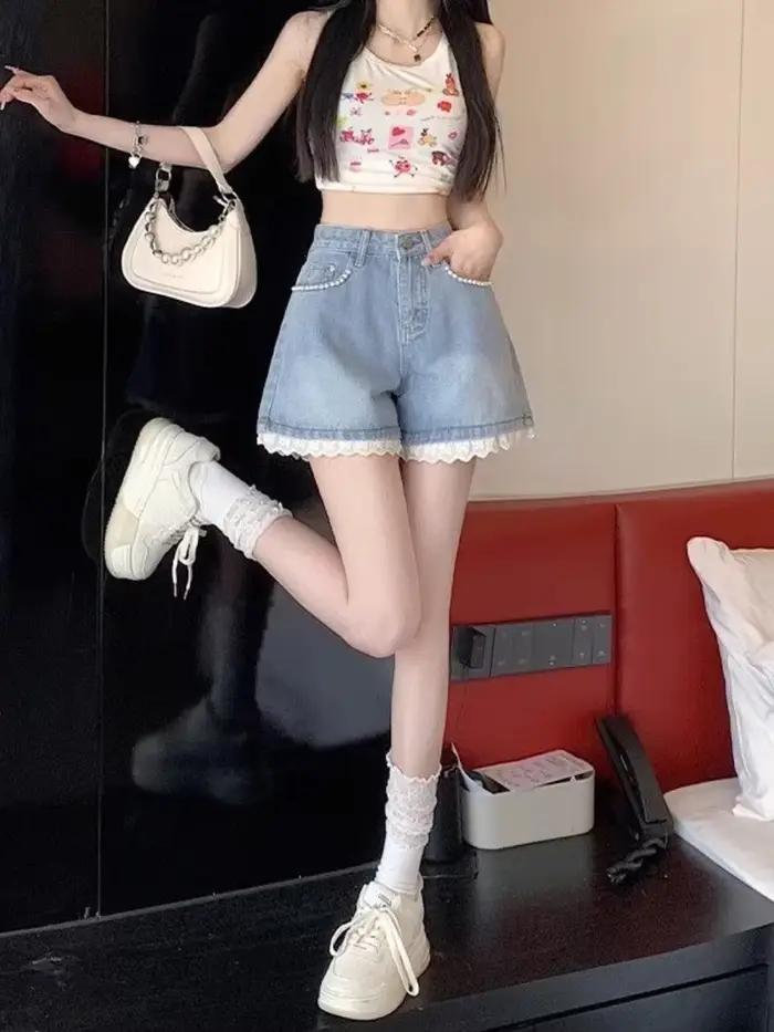 Dentelle large femme jean court pantalon conception jeune pas cher Jorts Normal décontracté pour l'été en gros Kpop chaud femmes Denim Shorts