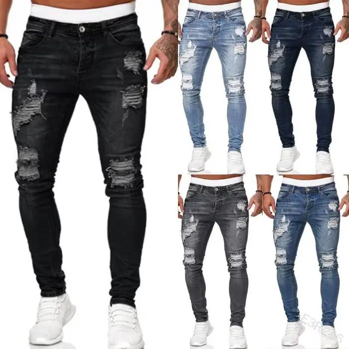 Jeans skinny déchirés de style de rue pour hommes, pantalons en denim déFlexvintage, surintendant en denim solide, pantalons décontractés slim fit, offre spéciale