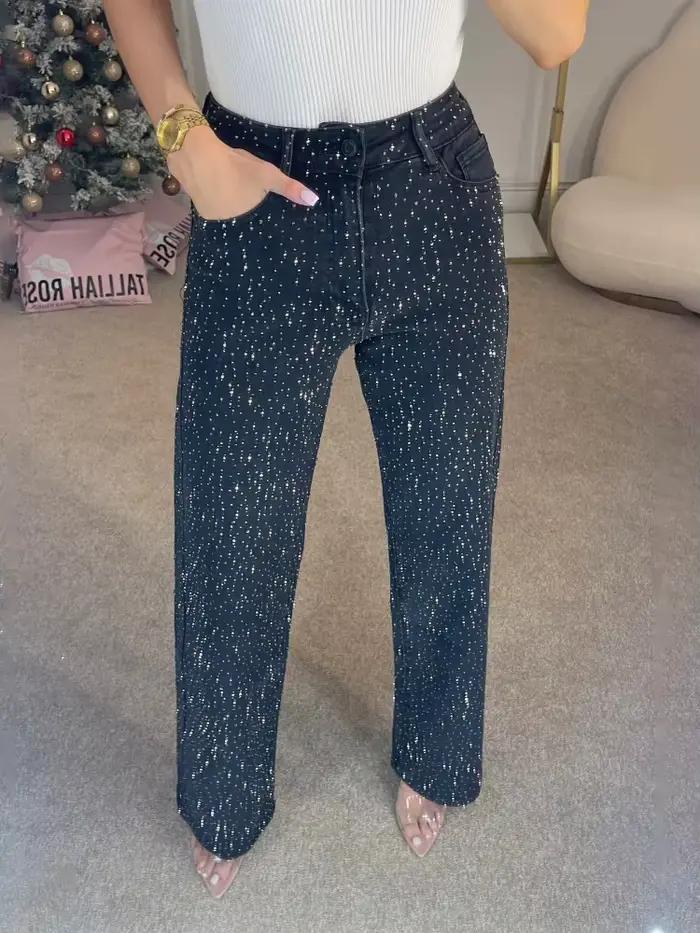 Deeptown bleu strass jean femmes noir Vintage diamants délavés jambe large Style américain Denim pantalon droit Baggy décontracté