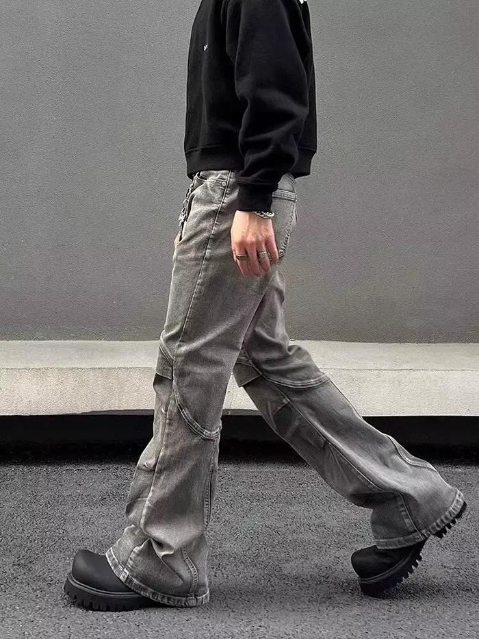 2026 Ropa Y2K Streetwear Vintage Grey Pleated Flare Jeans Pants For Men Designer Clothes Old Harajuku Luxury Goth Long Trousers
