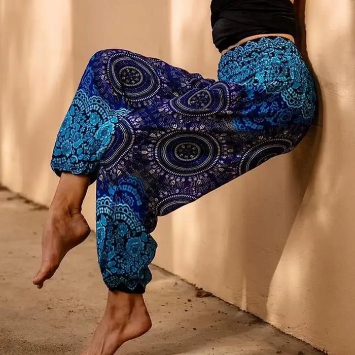 Pantalon Hippie Bohème Ample pour Femme, en Rayonne, avec Poches, Taille Haute, Imprimé, pour Yoga, Plage, Quotidien, Harem, Jogging, Extérieur