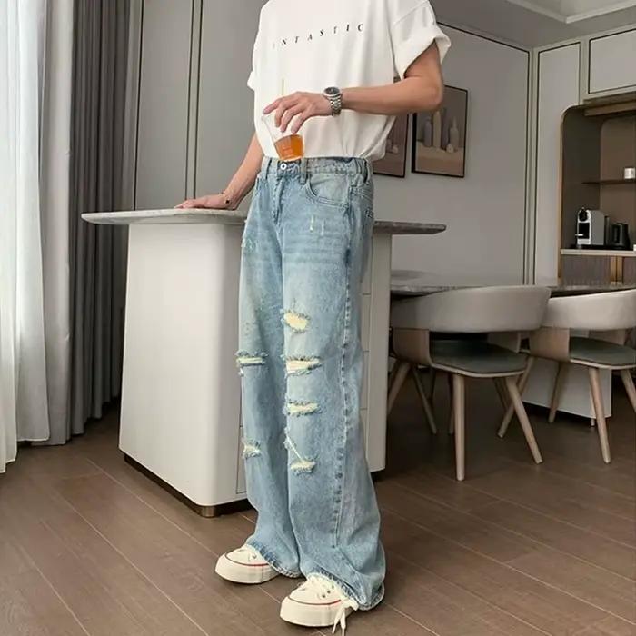 Jeans Baggy Y2K Streetwear Coupe Droite Ample Pantalon Denim Bleu Pour Hommes Occasions Spéciales Casual