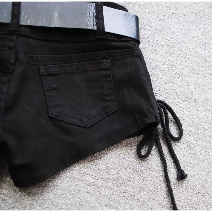 Short en jean coréen taille basse 2024 - Riveté à lacets moulant noir pantalon chaud Vintage effronté butin été TikTok Y2K tenue
