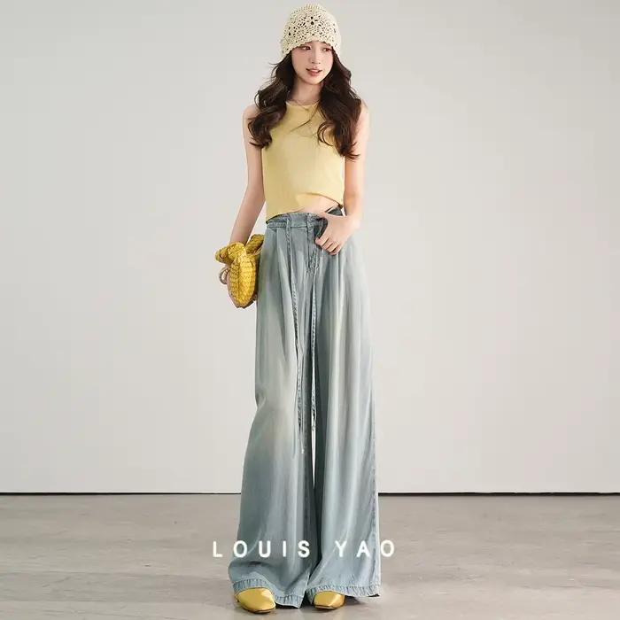 LOUIS YAO taille haute jambe droite jean 2025 été jean décontracté taille corde conception Lyocell 100% taille élastique pantalon ample