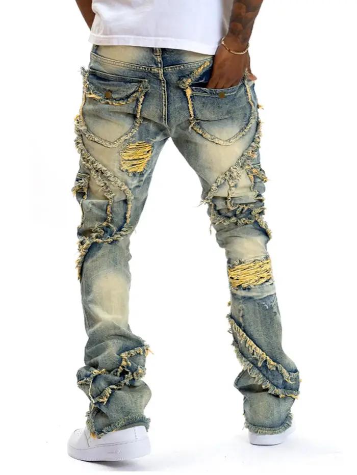 Jeans hommes déchirés empilés en denim, coupe ajustée mince, style high street, matière toile adoucissante, disponible en beige et jaune, idéal pour les occasions quotidiennes et les sorties hip hop