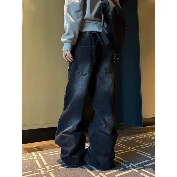 Nouveau Jean Rétro Délavé à Rivets Coupe Large Décontracté Polyvalent Tendance Style Balayant le Sol