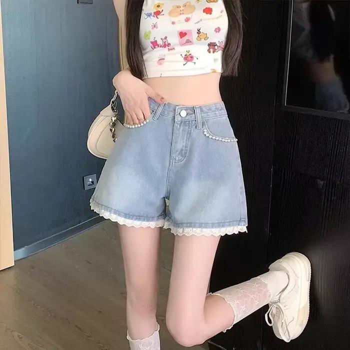 Dentelle large femme jean court pantalon conception jeune pas cher Jorts Normal décontracté pour l'été en gros Kpop chaud femmes Denim Shorts