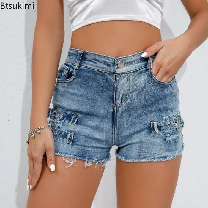 Nouveau Short Femme Taille Haute Trou Cassé Patchwork Pompon Denim Bleu Noir Occasions Plage Club Casual