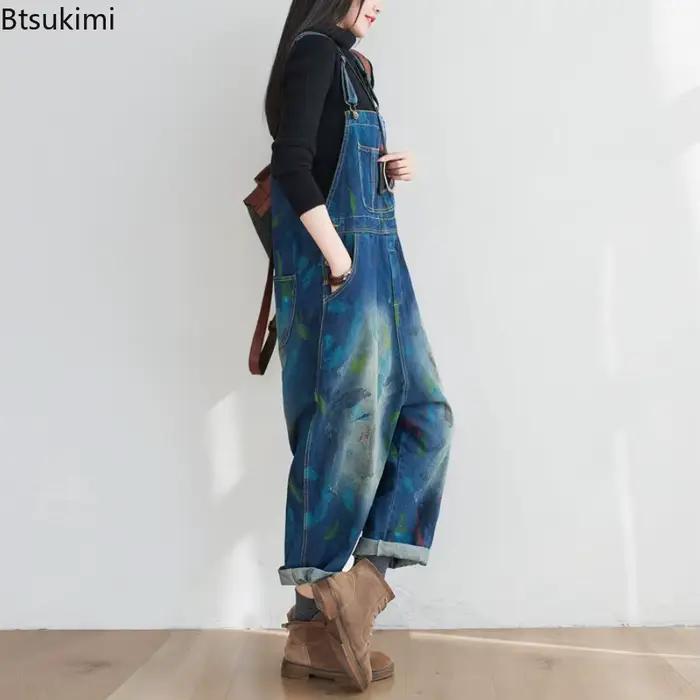 Salopette en jean délavé vintage pour femme, mode d'automne décontracté, style coréen, pantalon ample, streetwear, occasion quotidienne et festive