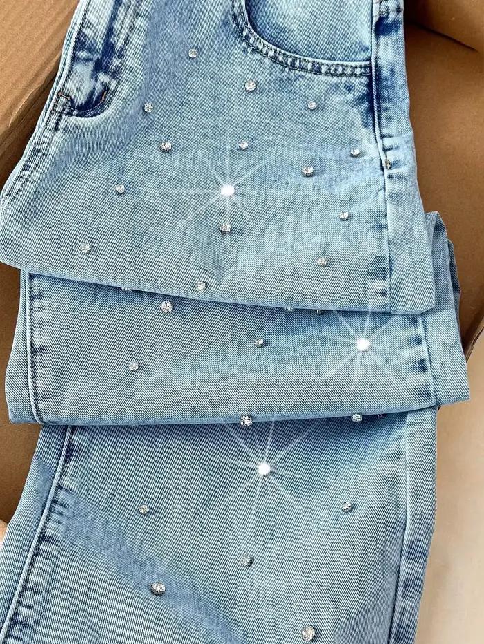 Jeans ample à jambe droite avec design clouté style coréen pour femmes mode estivale durable polyester denim