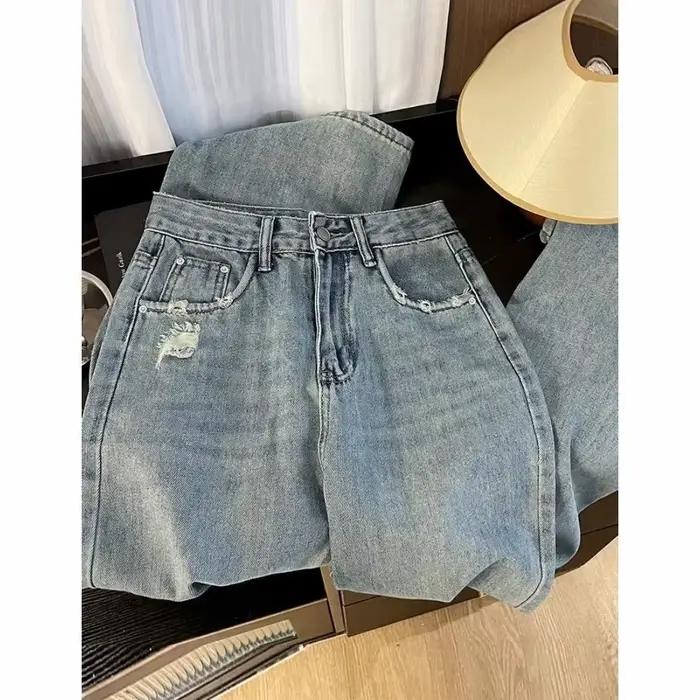 Pantalon en denim bleu clair pour femmes, coupe ample, taille haute, décontracté, vintage, déchiré, nouvelle collection automne, idéal pour toutes les occasions