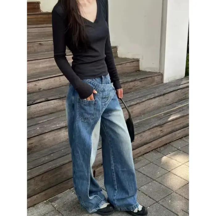 Jean en denim délavé grande taille style streetwear américain pour femme