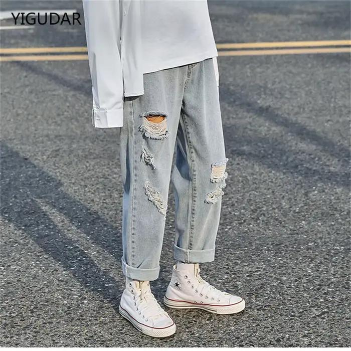Coréen déchiré hommes jambe large jean 2025 automne nouveau Streetwear droit Baggy Denim pantalon mâle marque