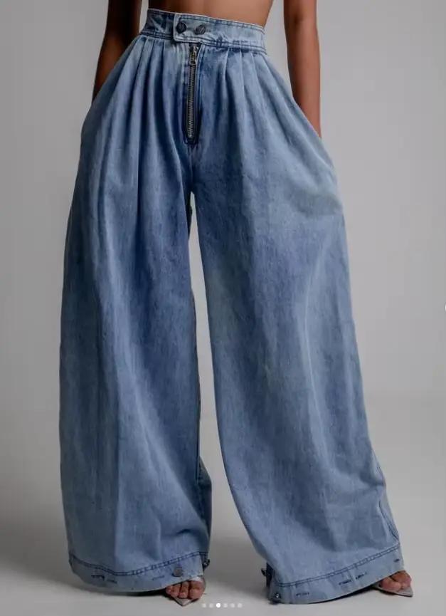 Jean taille haute à bout zippé, pantalon rétro ample et décontracté
