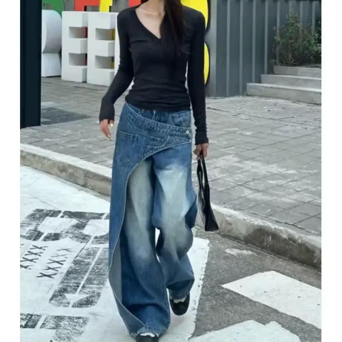 Jean en denim délavé grande taille style streetwear américain pour femme