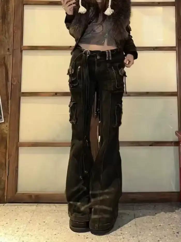 Jean Chic japonais Harajuku Y2K, pantalon Punk Hip-pop des années 2000, esthétique gothique, taille haute, slim, mode printemps 2025