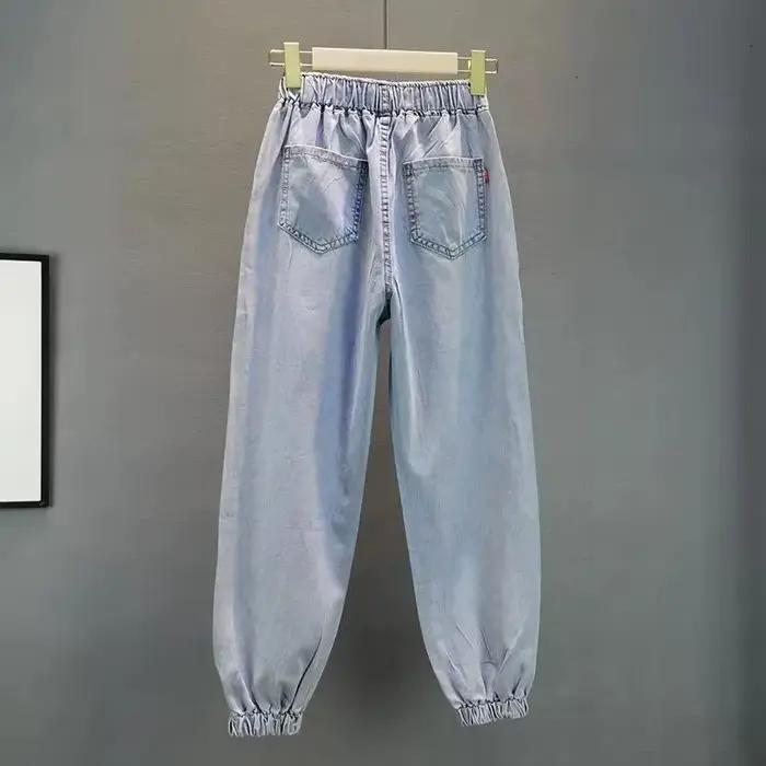 Jean en Denim Vintage Bleu Clair avec Strass pour Femme