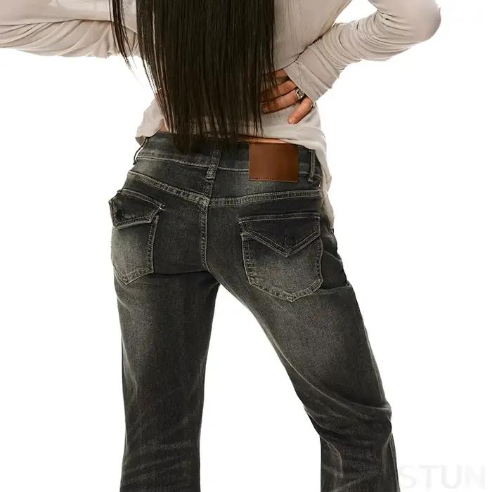 KSTUN épicé fille taille basse jean gris Stretch femmes mince pantalon évasé bureau dame cloche bas