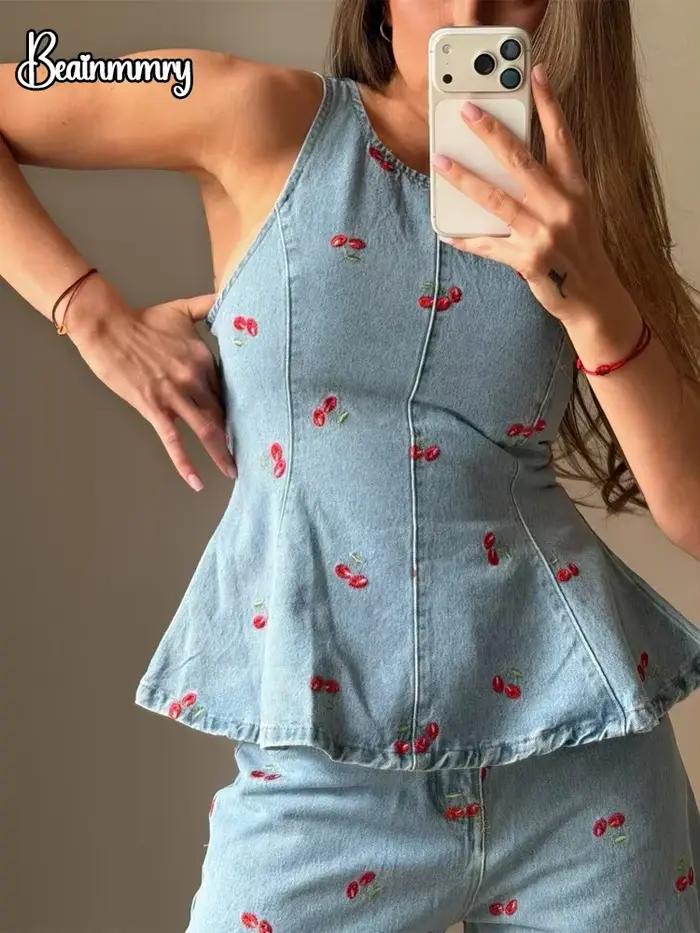 Haut court en jean imprimé en pois et pantalon à jambes larges pour femmes mode high street été 2026 occassions décontractées