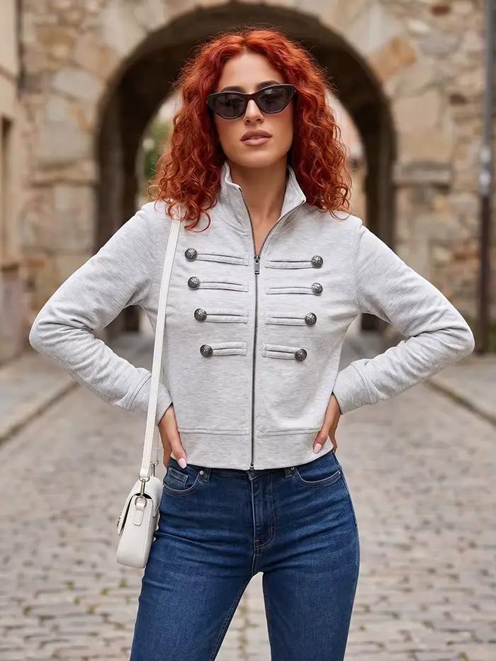 Veste Militaire Vintage HH Femme Décontractée Col Montant Boutons Métalliques Pour Printemps Activités Sportives Bureau