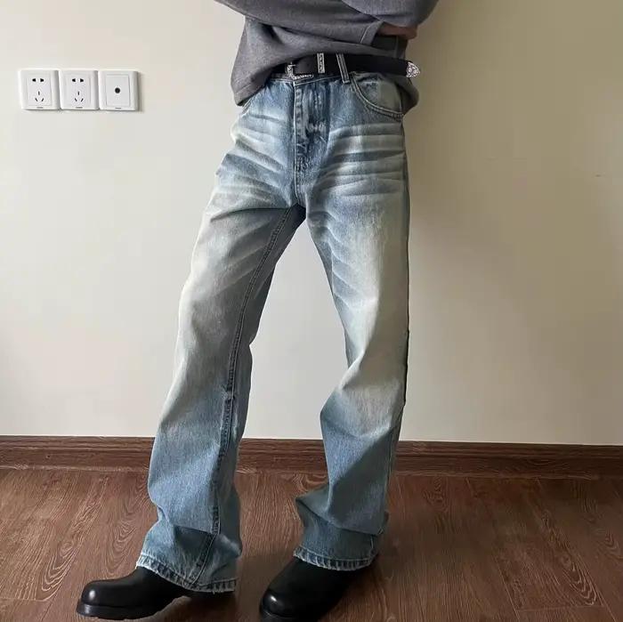 Jeans vintage américains délavés et usés pour hommes, coupe droite ample légèrement évasée, pantalon fluide amincissant