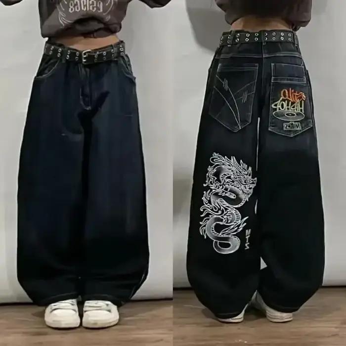 Jean Baggy à motif brodé Hip-hop rétro pour hommes et femmes