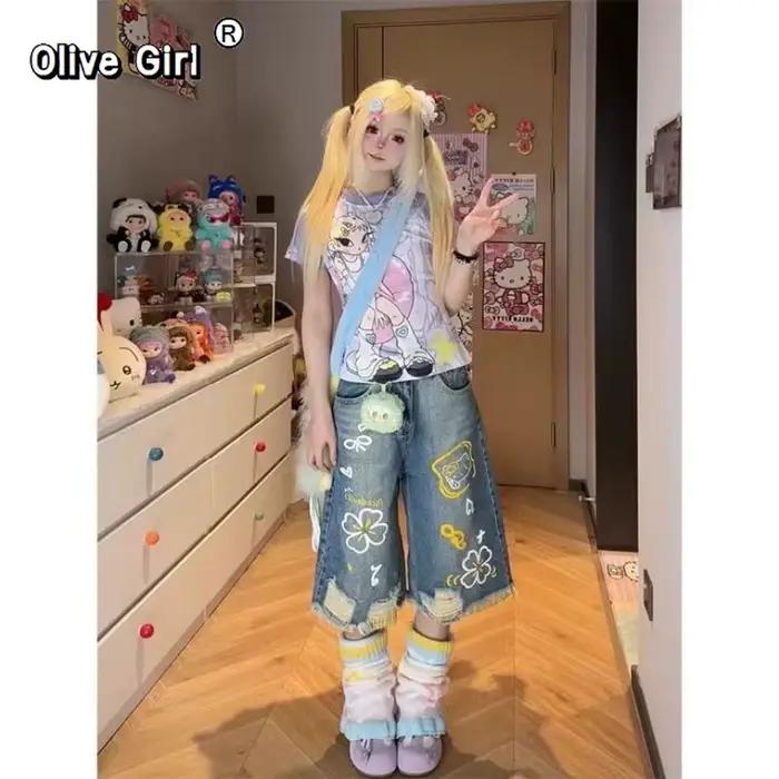 Olivegirl américain dessin animé Graffiti jambe large jean Y2k femmes pantalon Hiphop 2026 printemps plissé short ample