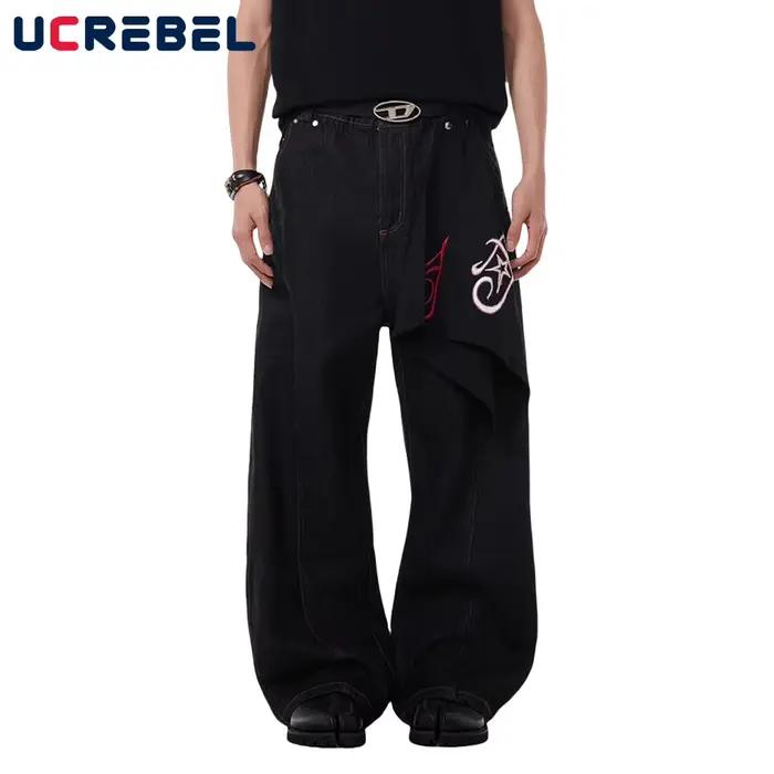 Lettre broderie jean hommes amovible Bandana Hip Hop haute rue ample jambe large Denim banane