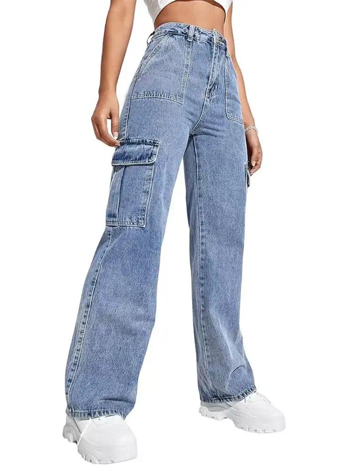 Jeans de travail multi-poches à taille haute pour femmes, pantalons cargo avec lavage enzymatique, style américain, coton mélangé, élasthanne, polyester, modal, viscose, coupe ample, haute élasticité