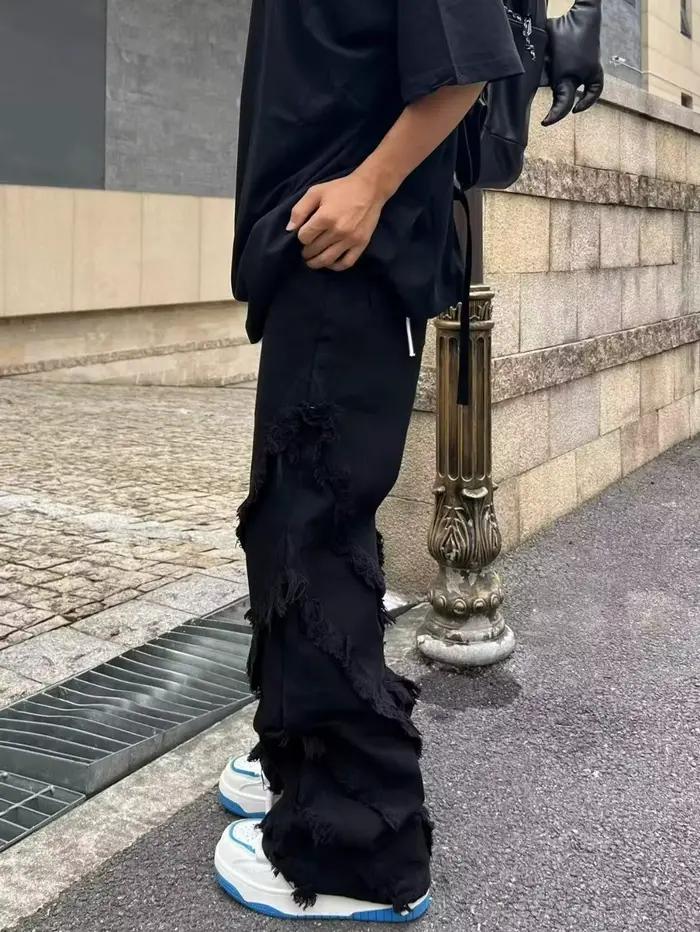 Jeans de style américain déchirés à bords bruts pour hommes