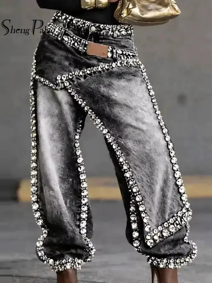 SHENGPALAE Jean Femme Coupe Large Superposé Patchwork Délavé Décor Strass Asymétrique Streetwear Tendance Été 2026 Nouveauté 05E02954