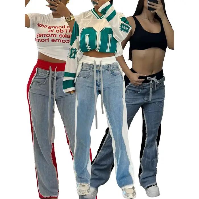 Jean Patchwork bicolore pour femmes, pantalon Y2k, taille haute, rayé, jambes droites et larges, cordon de serrage, pantalon en Denim, 2025