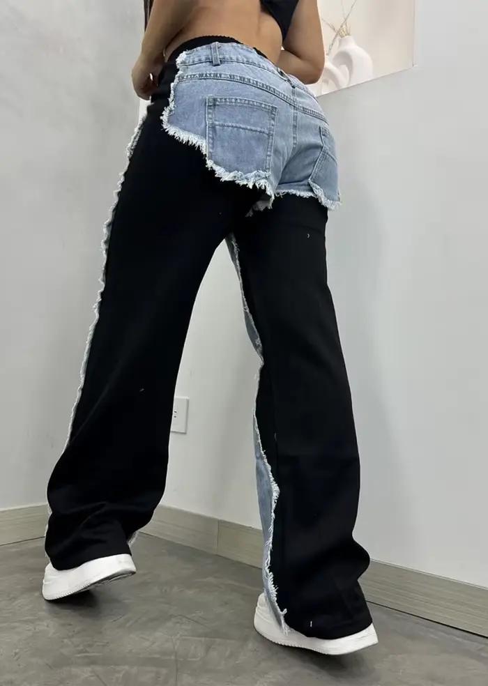 Jean Patchwork bicolore pour femmes, pantalon Y2k, taille haute, rayé, jambes droites et larges, cordon de serrage, pantalon en Denim, 2025