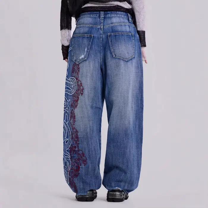 Y2K broderie Design jean US EU Vintage délavé Streetwear pantalon à jambes larges coupe ample