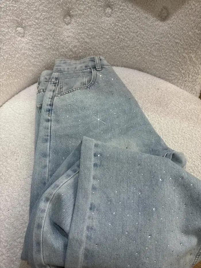 Jean rétro en strass pour femme 2026 – Nouveau pantalon décontracté en denim coupe droite