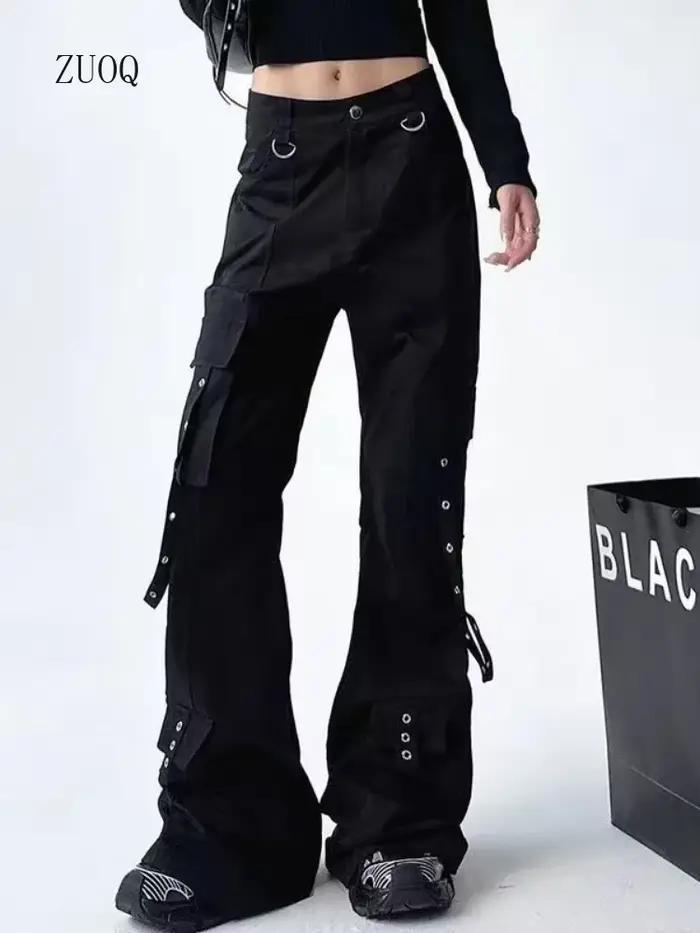 Pantalon de travail noir pour femme, pantalon à jambe droite fonctionnel, pantalon long décontracté, adt haut de gamme, printemps été nouveau 2025 haute qualité matière coton polyester styles high street sorties nocturnes occasions spéciales