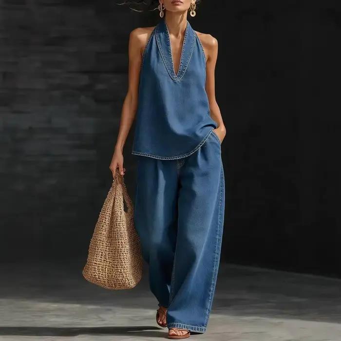 Ensemble pantalon et gilet en jean pour femme