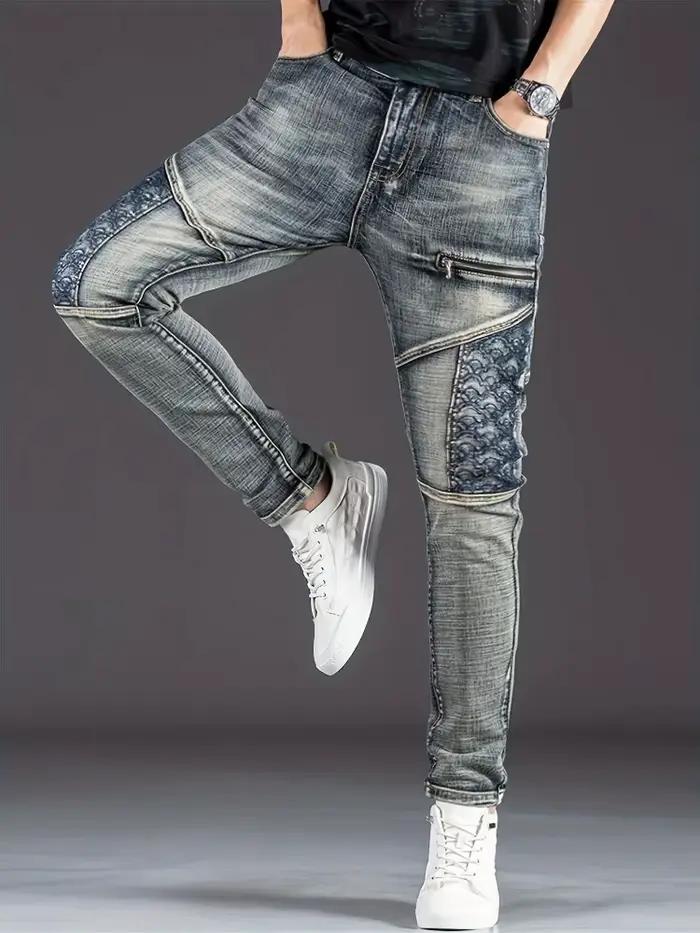 Jeans de moto homme décontractés avec patchwork pour les quatre saisons occasions quotidiennes et style nostalgique