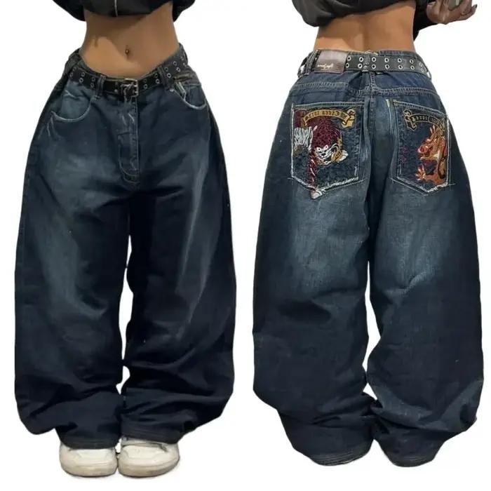 Jean Baggy à motif brodé Hip-hop rétro pour hommes et femmes