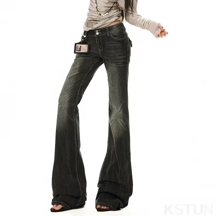 KSTUN épicé fille taille basse jean gris Stretch femmes mince pantalon évasé bureau dame cloche bas